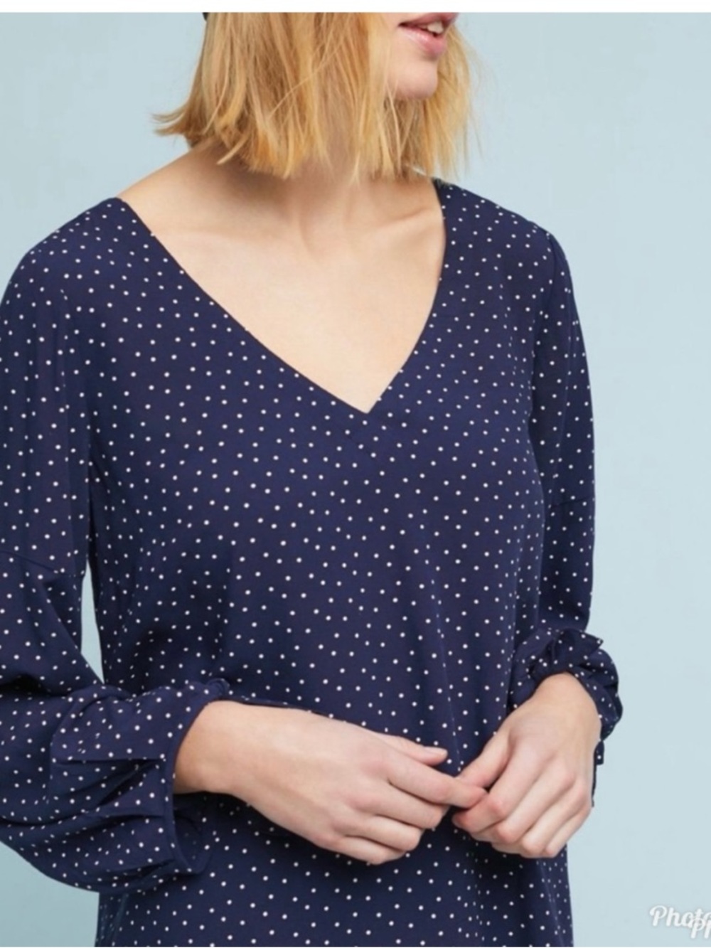 Anthropologie Maeve Pernille polka dots blue V- neck blouse small